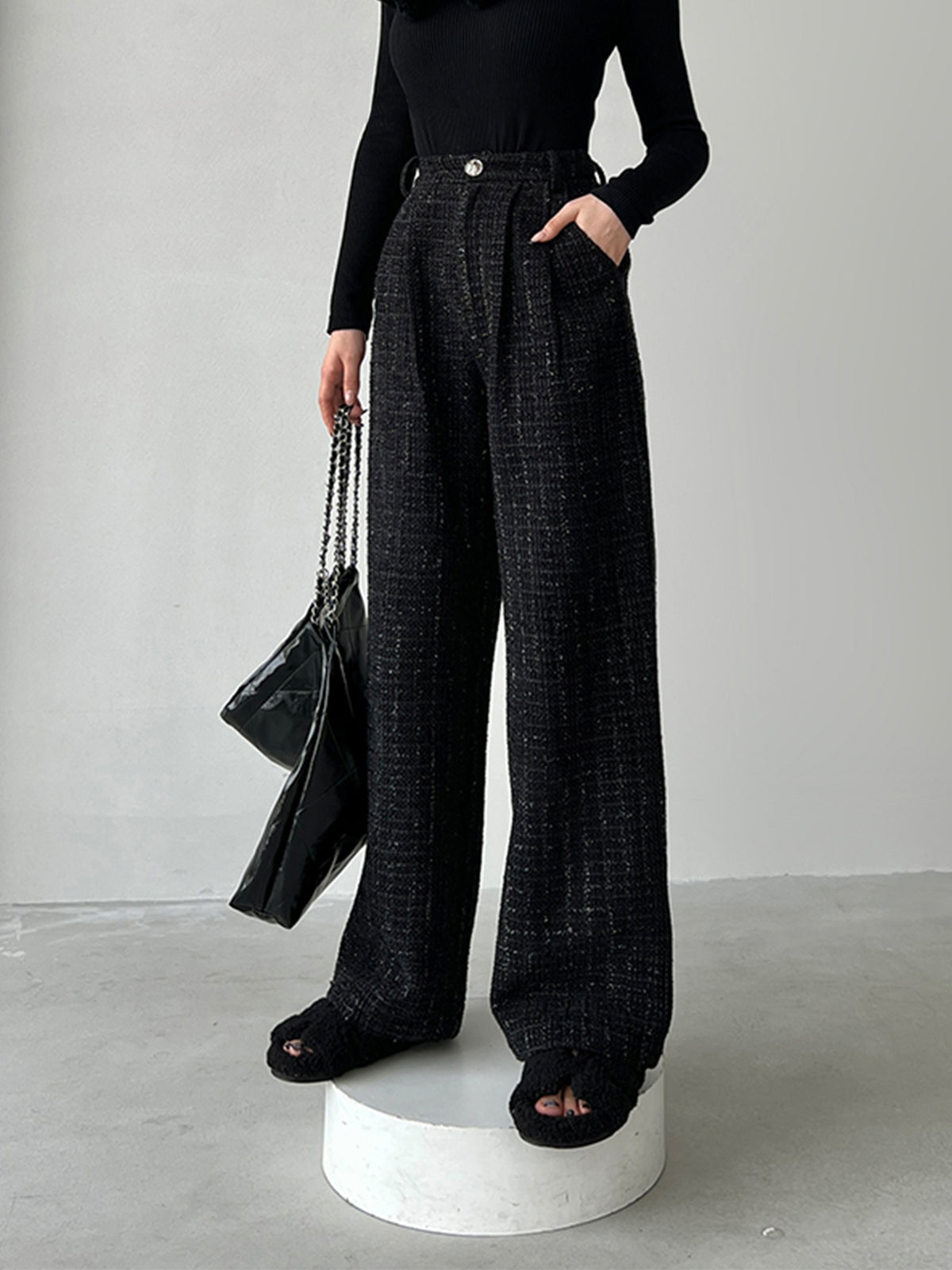 Sequined Tweed Pocket Straight Leg Pants