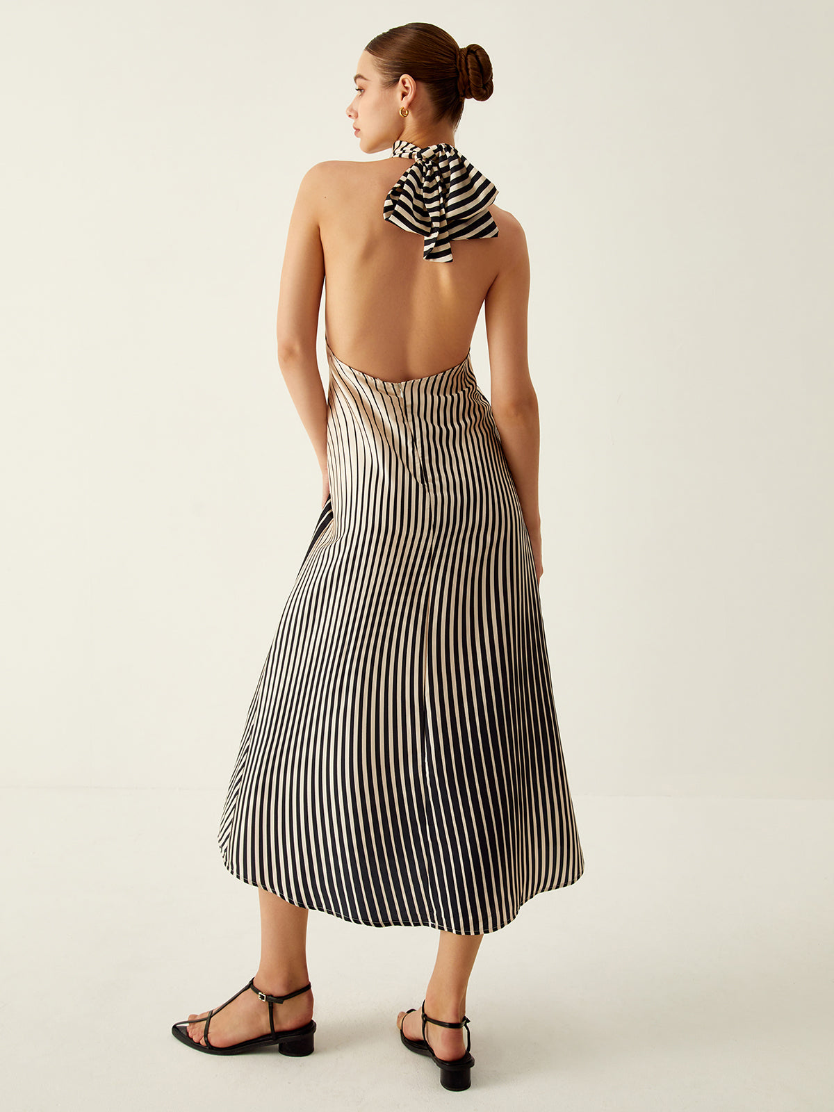 Striped Halter Backless Midi Dress