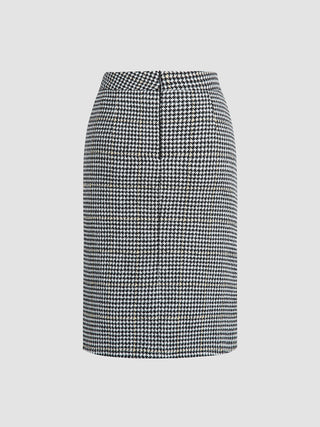 Houndstooth Side Button Zip Slit Midi Skirt