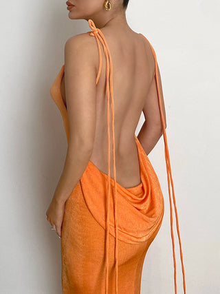 Cowl Neck Open Back Strap Long Dress