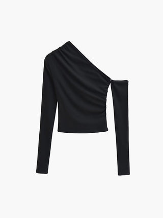 Asymmetric Sleeve Ruched Crop Shirt