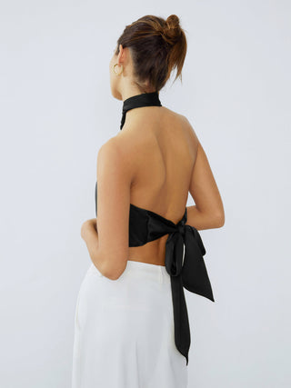 Halter Neck Twist Open Back Satin Crop Top