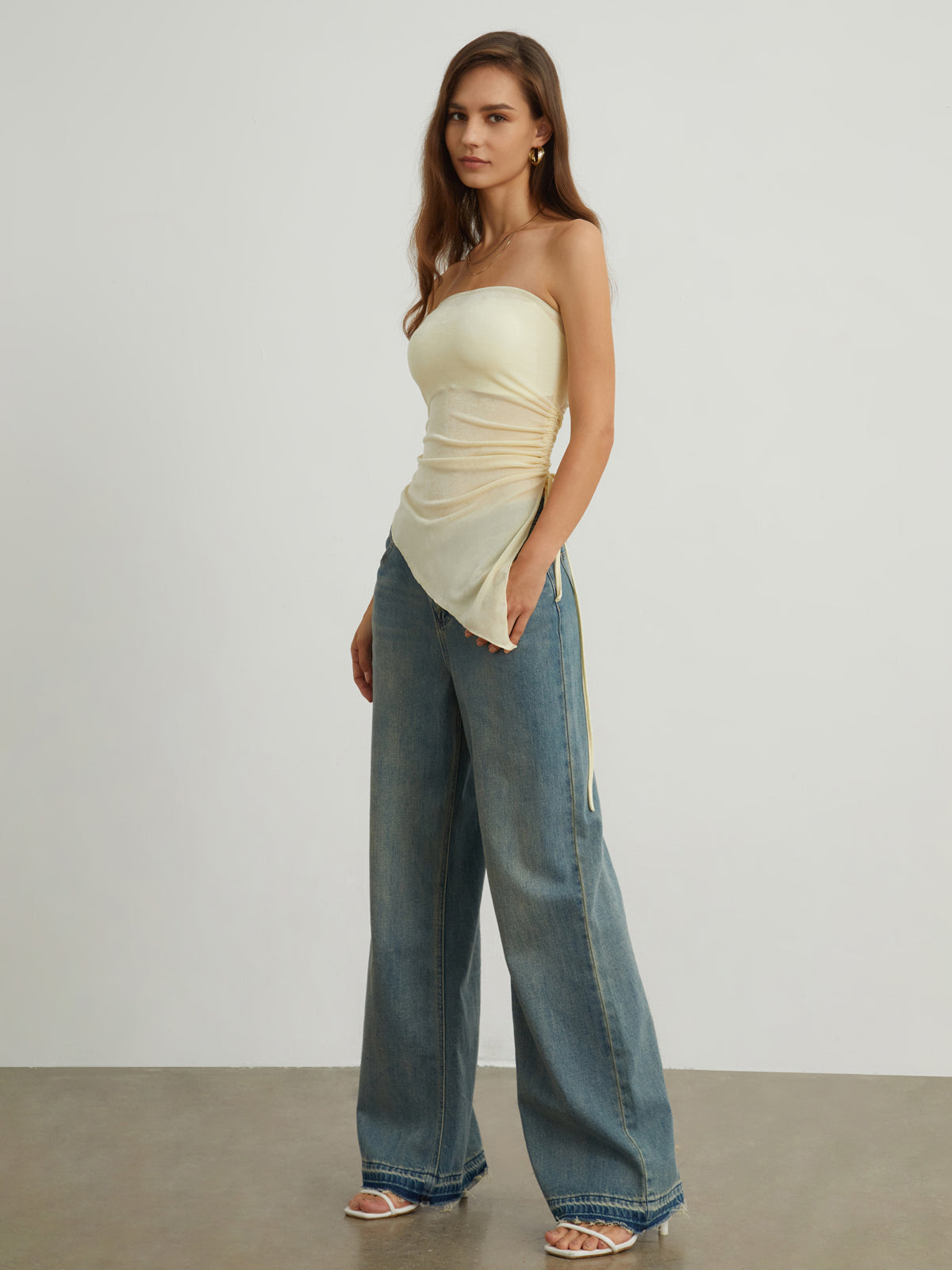 Oblique Drawstring Mesh Cover Up Tube Top