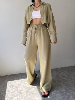 Collared Drawstring Two Piece Pants Set