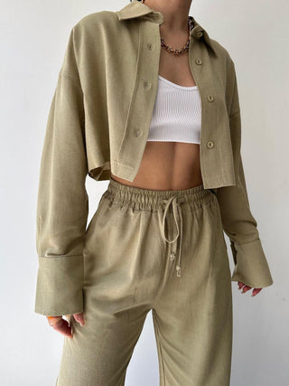 Collared Drawstring Two Piece Pants Set