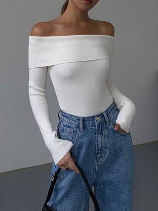 Off Shoulder Overfold Long Sleeve Knit Top