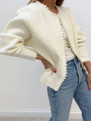 Pearl Trim Ripped Hem Cardigan