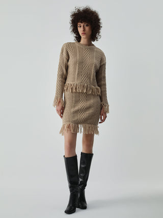 Tassel Hem Cable Knit Two Piece Long Sleeve Skirt Set