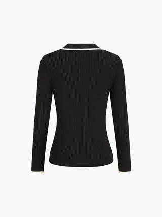 Contrast Trim Open Collar Long Sleeve Knit Top