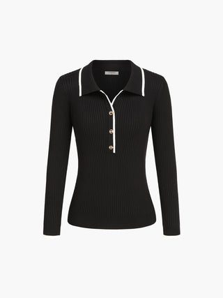 Contrast Trim Open Collar Long Sleeve Knit Top