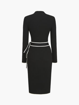 Contrast Trim Tie Front Mock Neck Long Sleeve Midi Sweater Dress