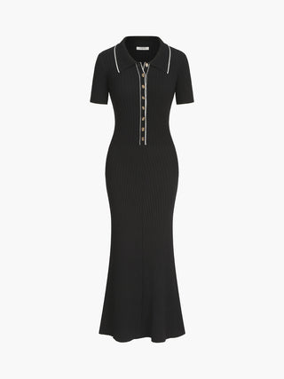 Contrast Trim Polo Long Knit Dress