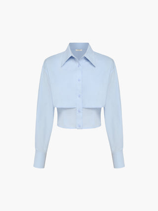 Baby Blue Open Collar Double Layer Crop Shirt