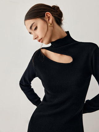 Mock Neck Cutout Long Sleeve Midi Sweater Dress