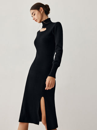 Mock Neck Cutout Long Sleeve Midi Sweater Dress