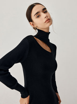 Mock Neck Cutout Long Sleeve Midi Sweater Dress