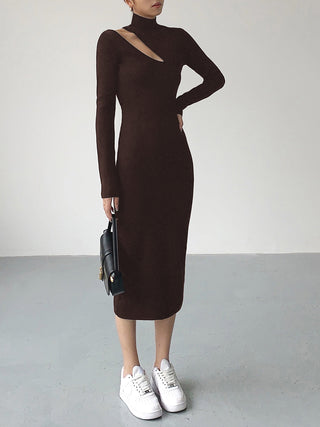 Asymmetrical Cutout Mock Neck Knit Midi Dress