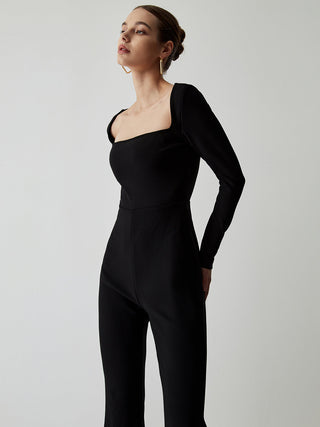 Square Neck Long Sleeve Flare Jumpsuit