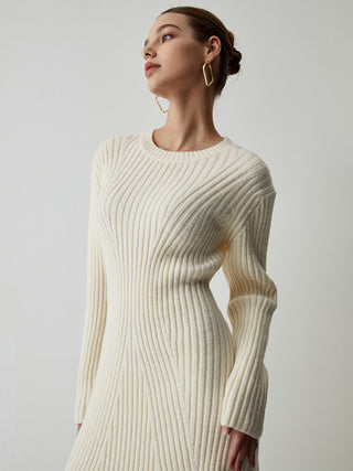 Cream Rib Long Sleeve Short Sweater Dress