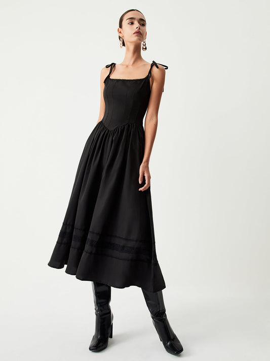 Tie Shoulder Pleated Midi Dress