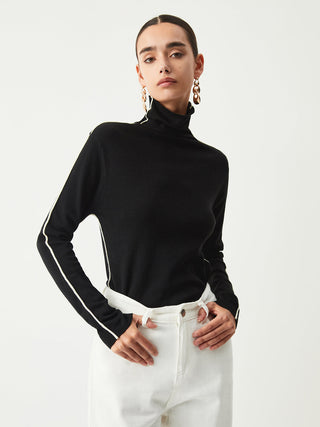 Contrast Piping Turtleneck Long Sleeve Top