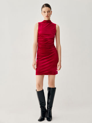 Velvet Pleated Mock Neck Short Dress