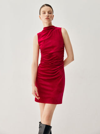 Velvet Pleated Mock Neck Short Dress