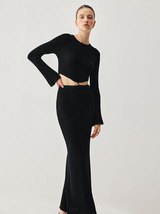 Slinky Long Sleeve Knit Two Piece Slit Skirt Set