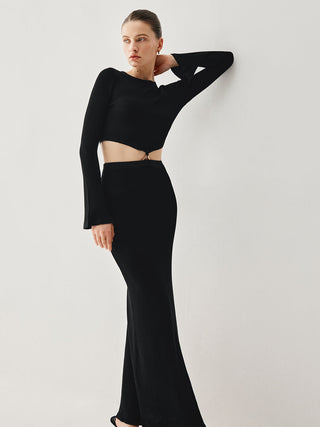 Slinky Long Sleeve Knit Two Piece Slit Skirt Set