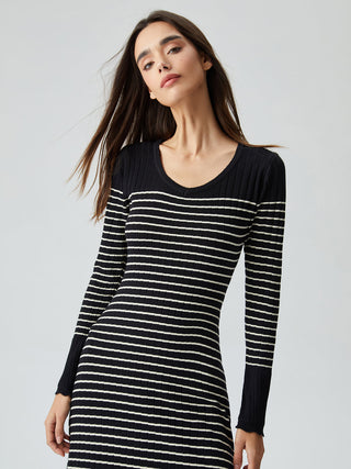 Contrast Trim Striped Crew Neck Knit Sweater Dress