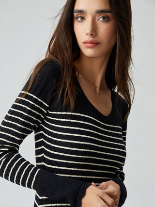 Contrast Trim Striped Crew Neck Knit Sweater Dress