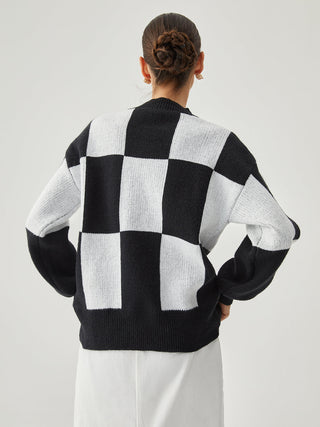 Checkered Contrast Color Crew Neck Sweater