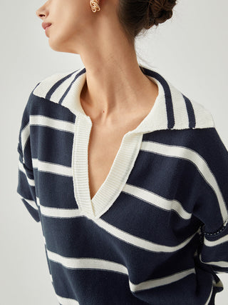 Contrast Trim V-neck Collared Striped Knit Sweater