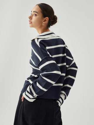 Contrast Trim V-neck Collared Striped Knit Sweater