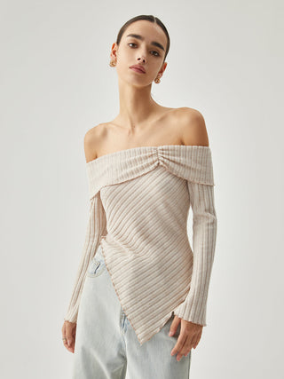 Asymmetric Overfold Off Shoulder Ribbed Knit Long Sleeve Shirt