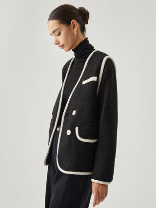 Contrast Trim Tweed Button Detail Wool Coat