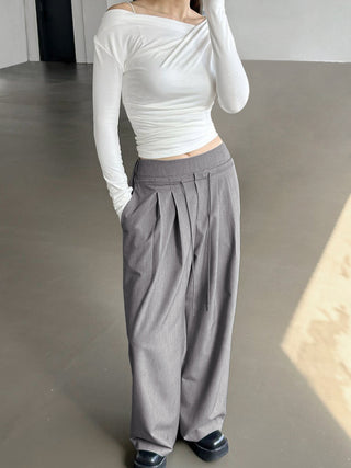 Drawstring Pleat Wide Leg Dress Pants