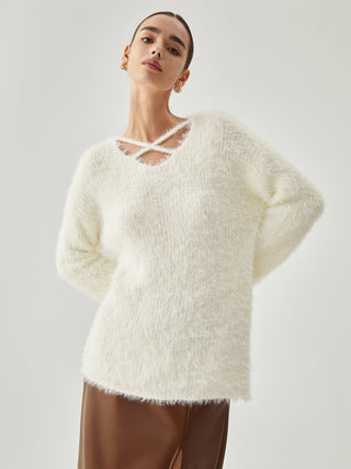 Fluffy V-Neck Criss Cross Sweater