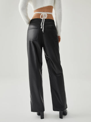 Double Pockets Leather Straight Leg Pants