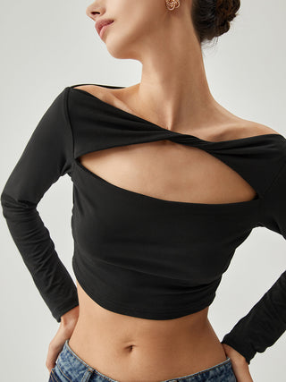 Boat Neck Twisted Cutout Crop Shirt