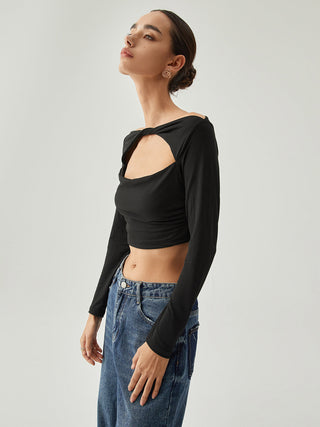 Boat Neck Twisted Cutout Crop Shirt