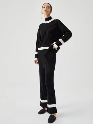 Ribbed Knit Contrast Trim Mock Neck Sweater