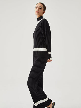 Ribbed Knit Contrast Trim Mock Neck Sweater