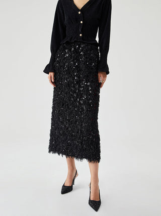 Sequin Feather Split Long Skirt