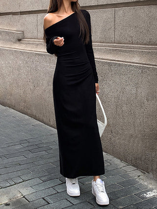 Off Shoulder Ribbed Long Sleeve Knit Long Dress