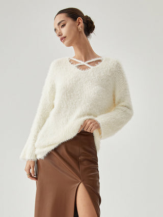 Fluffy V-Neck Criss Cross Sweater