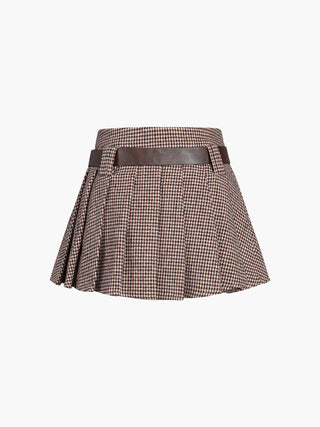 Houndstooth Belted Pleat Mini Skirt