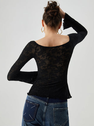 Jacquard Lace Semi-sheer Bowknot Crossover Blouse