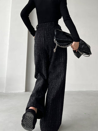 Sequined Tweed Pocket Straight Leg Pants