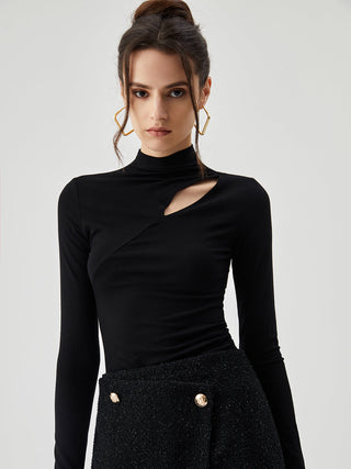 Solid Mock Neck Long Sleeve Cut Out Shirt